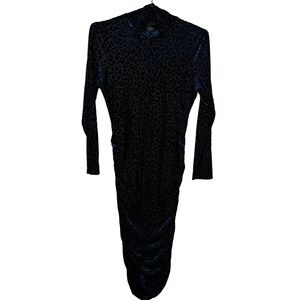Leopard Velvet Tight Bodycon Dress Angeleye Narcissus Navy Mock Neck Ruched 10